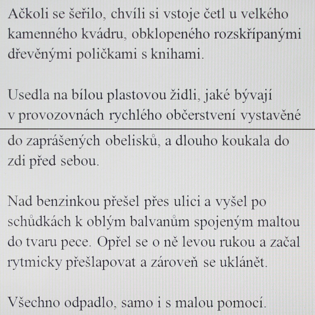 Although it was getting dark they read for a moment by a large block of stone that was surrounded by creaky wooden shelves with books.

She sat down on a white plastic chair, the kind you see stacked in dusty obelisks in fast food joints, and stared at the wall in front of her for a long time.

He crossed the street above the petrol station and walked up stairs to round boulders joined by mortar into the shape of an oven. He leaned against the rock with his left hand and began to rhythmically shuffle his feet with his head bowed.

Everything fell away, on its own and with little help.
