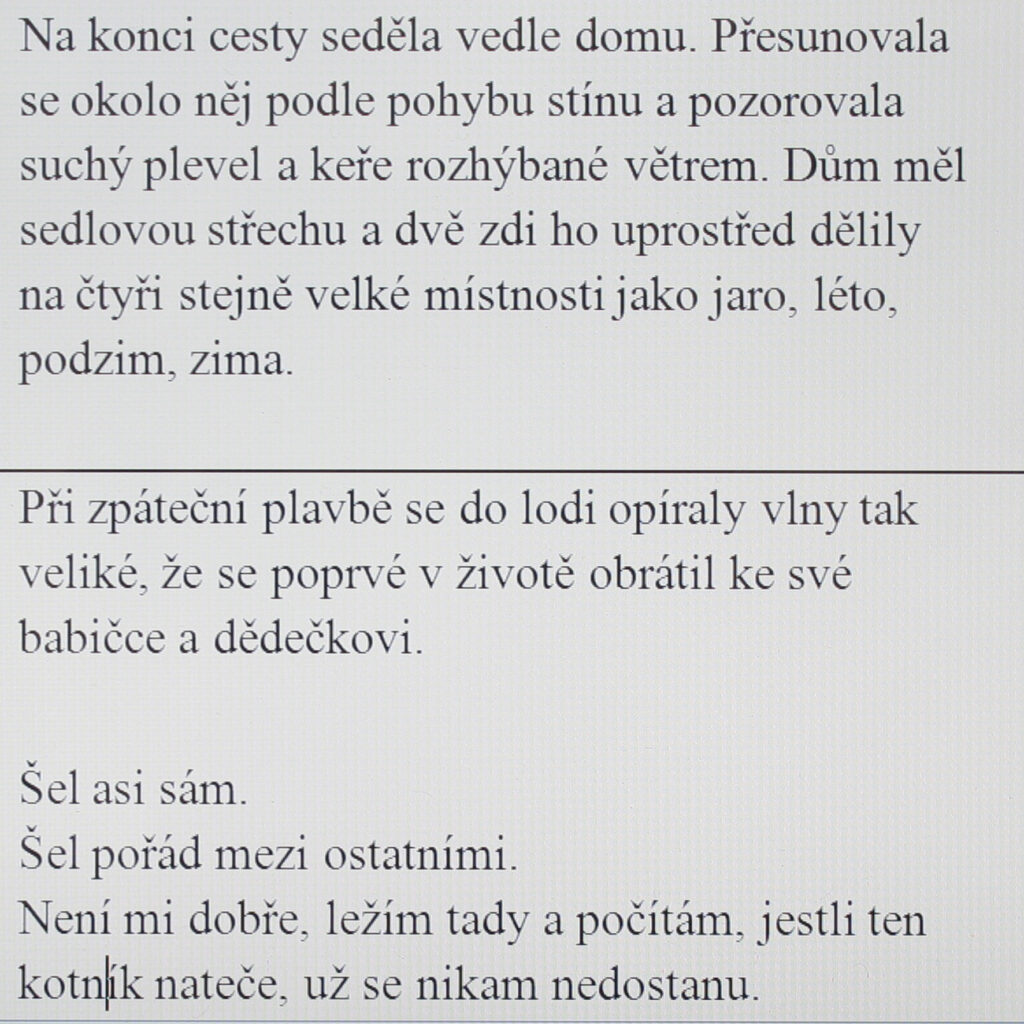 At the end of the trip she sat next to a house. She moved around it following the movement of the shade and watched the dry weeds and shrubs stirred by the wind. The house had a gabled roof, and two walls in the middle divided it into four rooms of the same size like spring, summer, autumn and winter.

On the way back the boat encountered such large waves that he turned to his grandmother and grandfather for the first time in his life.

He probably went alone.
He kept going among others.
I don’t feel well; I am lying here thinking that if this ankle swells up I’ll never get anywhere.
