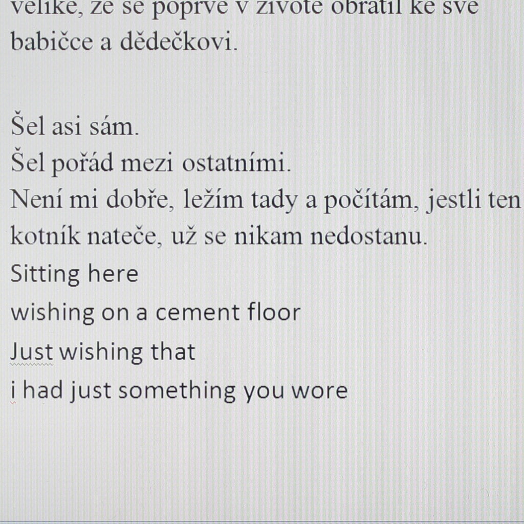 such large waves that he turned to his grandmother and grandfather for the first time in his life.

He probably went alone.
He kept going among others.
I don’t feel well; I am lying here thinking that if this ankle swells up I’ll never get anywhere.
Sitting here
wishing on a cement floor
Just wishing that
I just had something you wore
